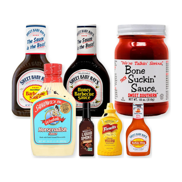 מוצרי מארז הברביקיו האמריקאי: רטבי Sweet Baby Ray's, Bone Suckin' Sauce, תמצית עשן Wright's, חרדל French's ורוטב חזרת Woeber's