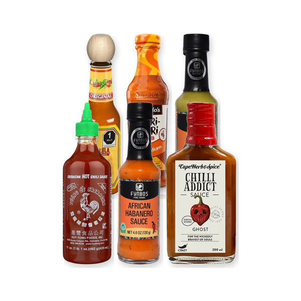 שישה רטבים חריפים בשורה מהעדין לחריף: Cholula, Nando's, Fynbos חלפניו, סרירצ'ה Huy Fong, Fynbos הבנרו ורוטב גוסט של Cape Herb
