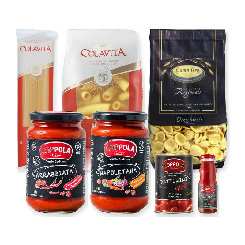 מוצרי מארז ערב פסטות: ספגטי וריגטוני Colavita, אורקייטה Camp'Oro, רטבי ארביאטה ונפוליטנה ועגבניות דלטריני של Coppola